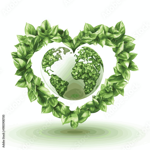 A heart-shaped frame of green leaves surrounds a globe, symbolizing love for nature and environmental awareness.