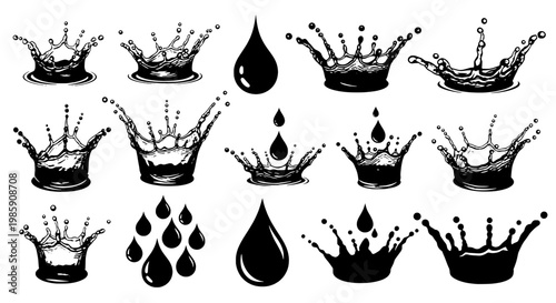 Water drop splash set with crown shapes and teardrop forms in black vector graphics featuring graphic, illustration, liquid with droplets and