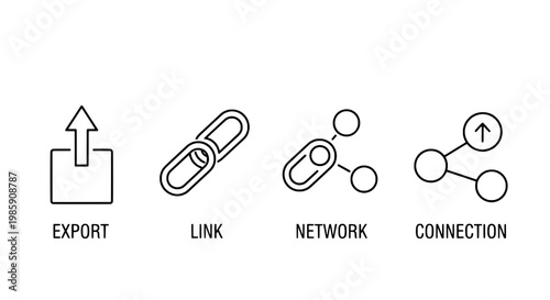 Network line icons set with link, connection, and export symbols, simple black and white line style.