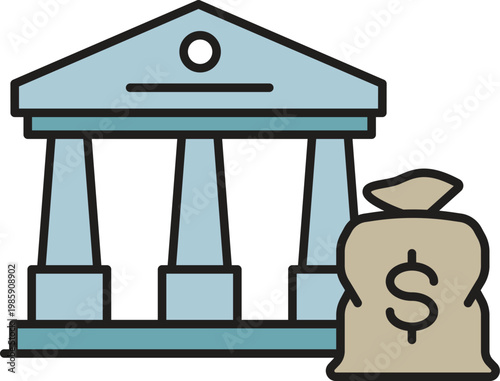 Bank building icon with money bag representing financial stability