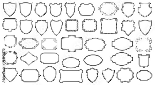 Badges heraldic crest set with shield and label illustrations featuring labels, icons, graphics with emblems and crests elements for coat of arms,