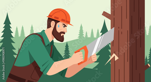 Lumberjack in orange hard hat sawing tree trunk with handsaw in forest