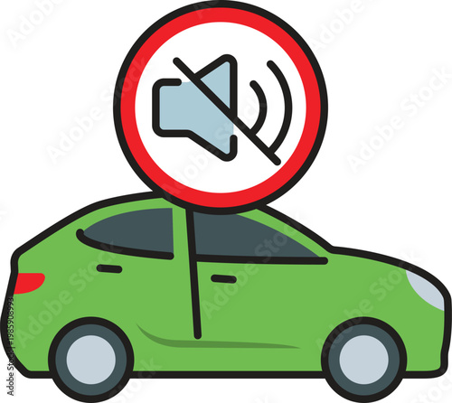 Green Hatchback Car with No Honking Warning Sign Icon Isolated on White Background. quiet electric car icon