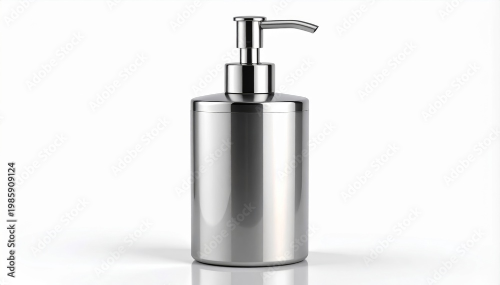 Obraz premium Sleek Silver Soap Dispenser on a White Background with Reflected Lighting