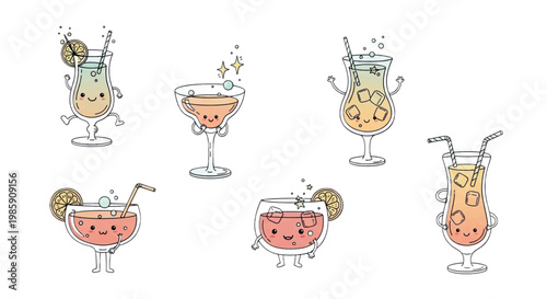 Cute cocktail characters, cartoon drinks, colorful beverage illustrations, 6 anthropomorphic glasses