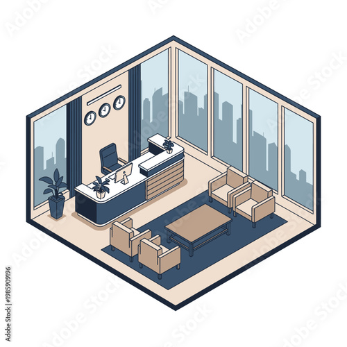 An isometric view of a modern office interior with furniture and cityscape