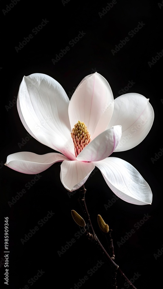 Fototapeta premium Delicate White Magnolia Blossom with Pink Accents on Black Background