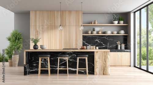 Modern kitchen interior with marble island and wooden accents daylight