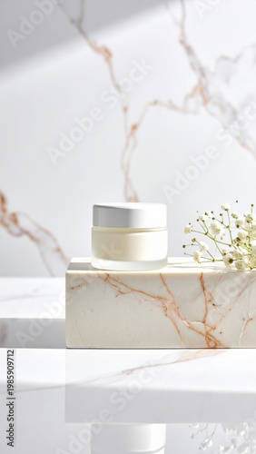 Moisturizer Jar on Marble Block with Baby Breath Flowers in Bright Studio