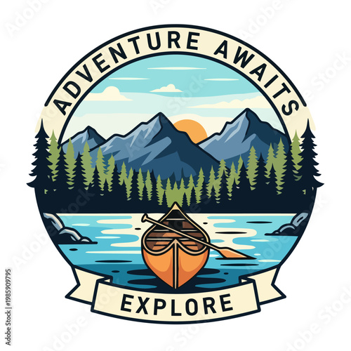 Vibrant outdoor adventure emblem a canoe on a serene lake, framed by majestic mountains and a lush forest, inspiring exploration and discovery