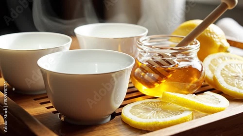 A closeup of a hot, healthy beverage assortment featuring mulled wine and herbal citrus tea with fresh lemon, honey, and cinnamon served in a glass cup for a sweet breakfast drink