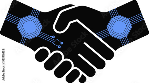 Handshake with glowing circuit pad palms - for tech partnership branding