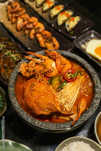 Assorted Seafood Dishes on a Black Table