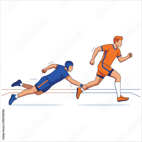 Athletic competition with athletes in motion during a relay race event showcasing teamwork and achievement