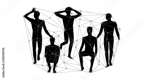 Diverse silhouettes connected by geometric mesh net - for community branding