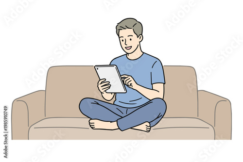 Man sitting on sofa using digital tablet icon, relax, home, internet, learning / ソファでタブレットを操作する男性のイラスト・リラックス、家、インターネット、学習・カラー・ベクター