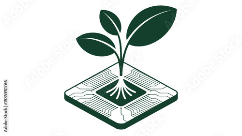 Geometric plant and microchip fusion mark - for eco innovation illustration