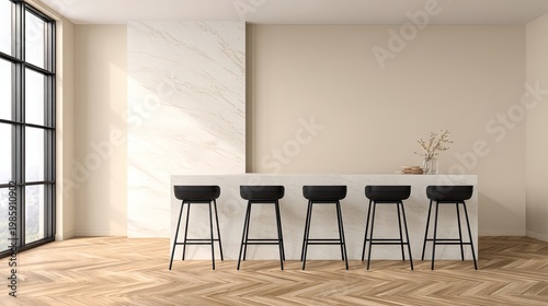 Modern kitchen interior design with stools and minimalist decoration