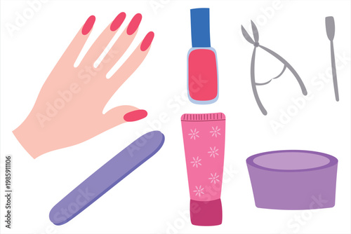 A set of tools and products for nail care and manicure.
The set includes nail polish, a file, cuticle nippers, a pusher, a tube of cream or lotion, and a fingertip soak. Vector.
