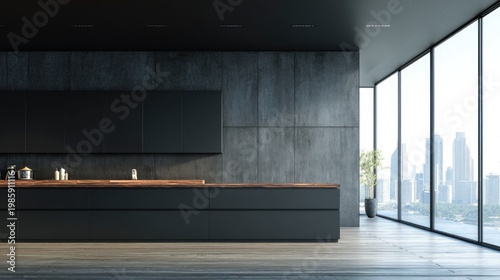 Modern minimalist kitchen with dark cabinets and city view from large windows