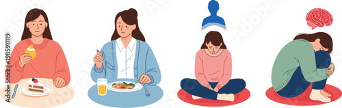 Mental health awareness vector set with eating habits sadness anxiety depression and emotional wellbeing illustration collection