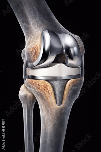 Total knee replacement prosthesis with femoral and tibial components and polyethylene insert, showing realistic bone anatomy and implant integration, generative ai illustration