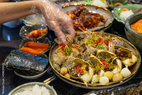 Traditional Korean fermented crab dish on dining table
