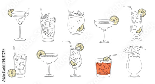 Cocktail, drink, glass, vector icons, 9 lime illustrations, beverage set