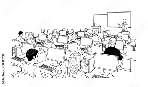 Computer College Classroom with Students Black and White Vector Illustration