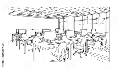 College Computer Lab Interior Black and White Line Art Illustration