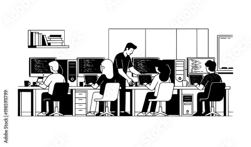 Billede på lærred College Students Studying Computer Science Black and White Illustration