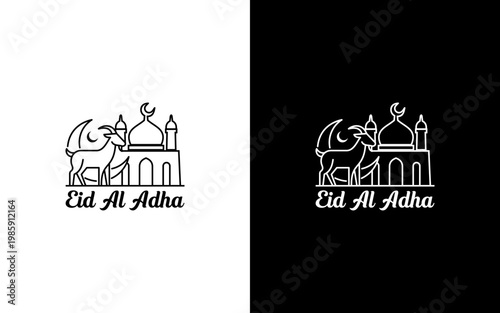 Eid Al Adha Mubarak Greeting Card with Goat and Mosque Illustration, Minimalist Monoline Islamic Festival Vector Design