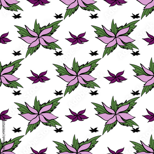 Playful hand-drawn botanical seamless pattern featuring casual pink and dark purple floral motifs with green leaves on a white background. Sweet and organic design for textiles and stationery.