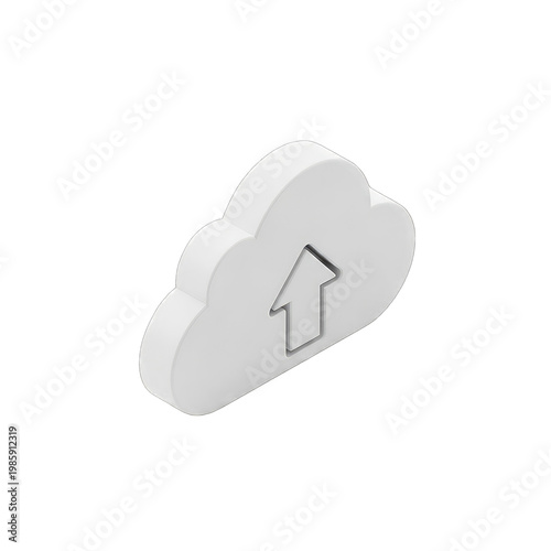 3D white cloud with blue upload arrow icon isolated on transparent background