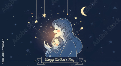 A mother's tender embrace under a starlit sky, celebrating Mother's Day with love and joy