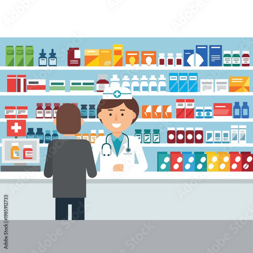 Pharmacist Assisting Customer at Pharmacy Counter with Shelves of Medicine