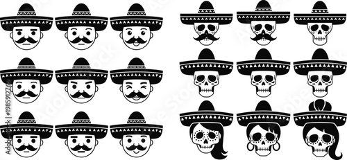 Mexican Day of the Dead Skull and Mustached Man Characters with Sombreros