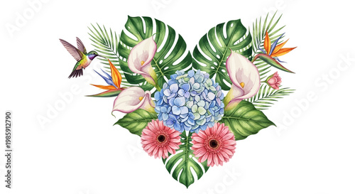 Watercolor floral arrangement shaped like a heart isolated on white background