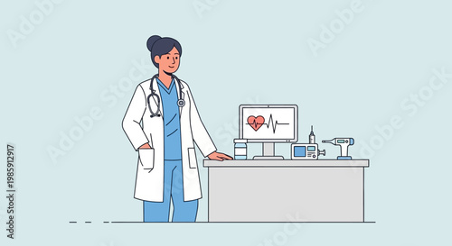 Female doctor standing at medical desk with equipment and heart monitor display
