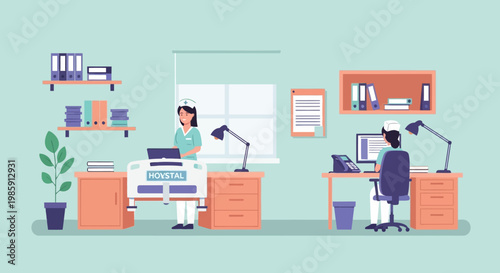 Nurses working in hospital office, medical care, administrative tasks, and patient bed illustration