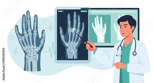 Doctor Explaining Hand X-ray Results on Digital Screen, Medical Illustration
