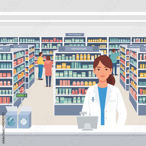 Pharmacist Standing Behind Counter in Modern Pharmacy with Shelves of Medicine