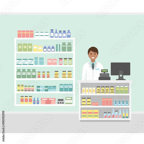 Pharmacist Smiling Behind Counter in Drugstore with Shelves Full of Medicine