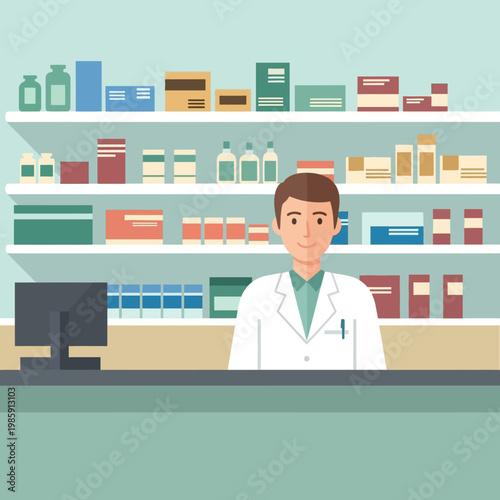 Pharmacist Standing Behind Counter in Pharmacy with Shelves of Medicine