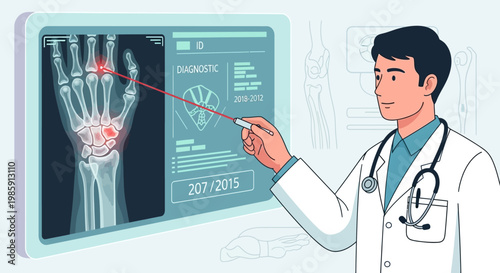 Doctor points laser at hand x-ray showing joint pain and diagnosis screen