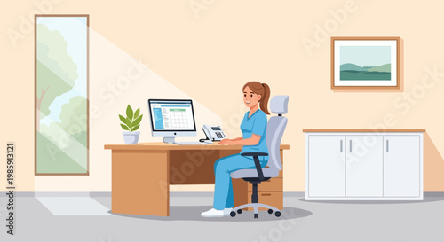 Nurse working on computer at desk, medical office interior, healthcare administration