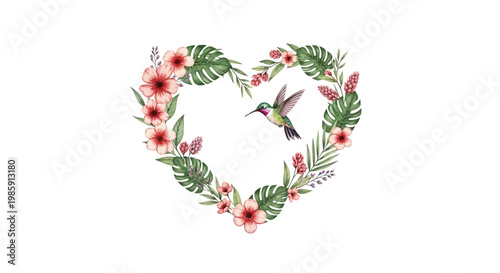 Hummingbird enters floral heart frame watercolor illustration white background