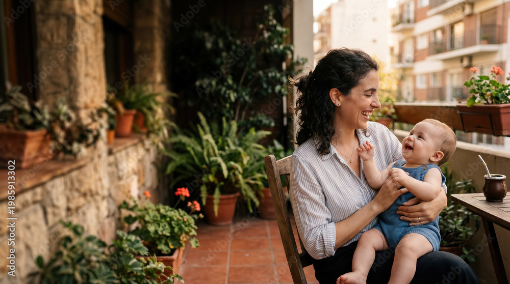 Fototapeta premium Mother holds baby and smiles while sitting on balcony with various plants and flowers around. Scene shows warm atmosphere during sunny day. Concept of family, parenting, outdoor living
