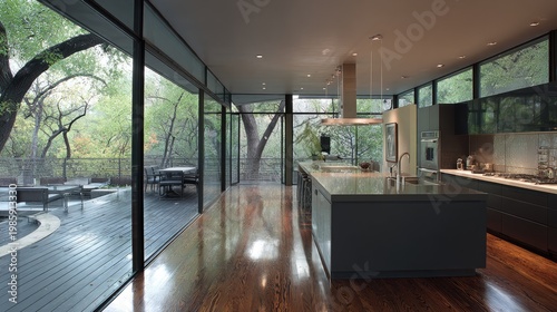 Modern kitchen interior with large windows overlooking outdoor patio area