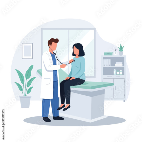 Doctor examining patient with stethoscope in clinic, healthcare checkup illustration